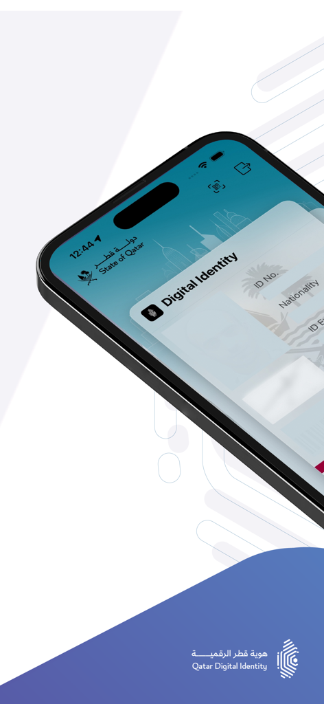 Smartphone, das die Benutzeroberfläche der Qatar Digital Identity App mit digitalen ID-Informationen anzeigt