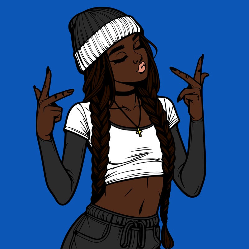 realistic teenage girl with braids and a beanie and crop top doing 🫶🏼