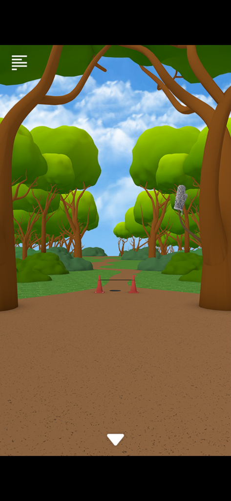 주황색 교통 콘과 나뭇가지에 걸린 주방 장갑이 있는 만화 숲길.