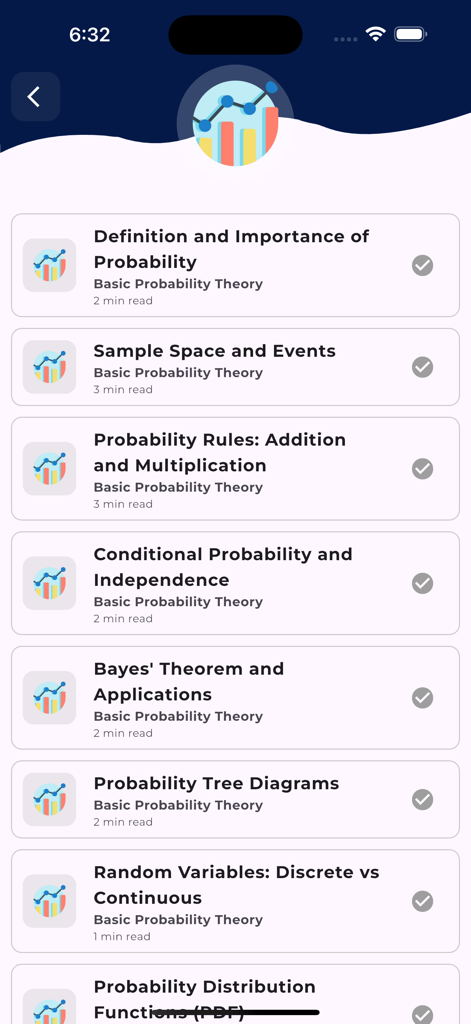 Learn Statistics [PRO] - Una lista de temas de lecciones de teoría de probabilidad básica, incluyendo el Teorema de Bayes y Variables Aleatorias en la aplicación Learn Statistics PRO