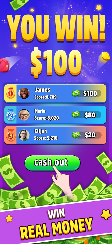 Match 3 Win Cash: Real Money - Una pantalla de juego móvil que muestra una ganancia de premio de 100 dólares con una tabla de clasificación de jugadores y un botón de retiro sobre un fondo de billetes de dinero
