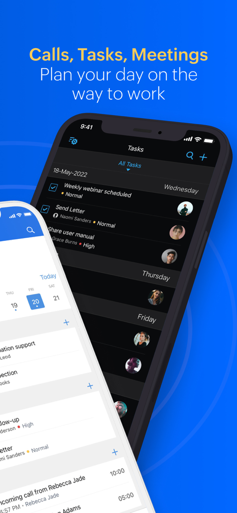 Zoho CRM - Sales & Marketing - Zoho CRM app screens showing daily task lists and meeting schedules