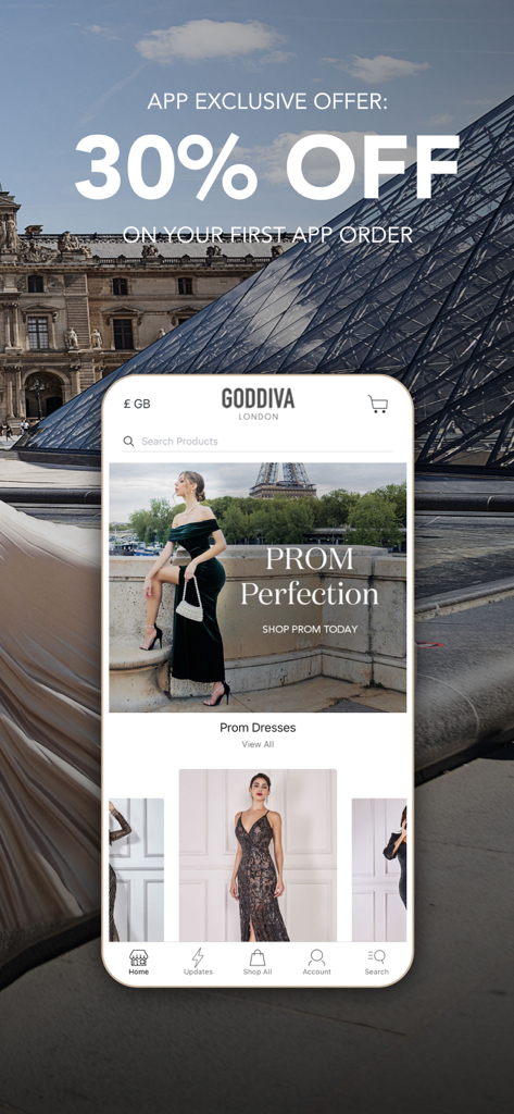Interfaccia dell'app di moda Goddiva che mostra un'offerta di sconto del 30% per i nuovi utenti e una collezione di abiti da ballo.