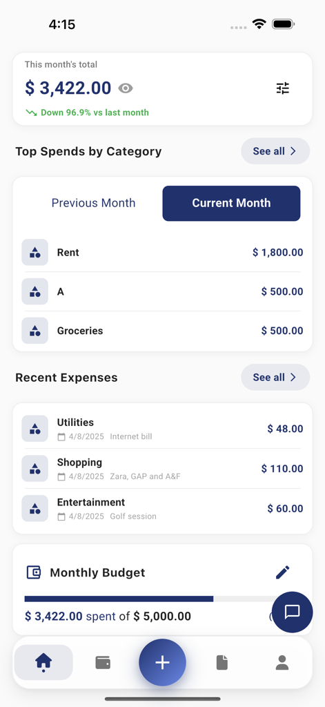 TrackMyExpense - Mobile app interface of TrackMyExpense showing monthly total spending category breakdown and budget progress