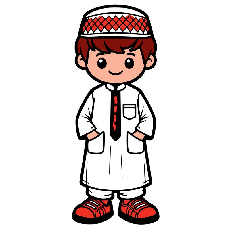 a boy wearing new clothes for eid.