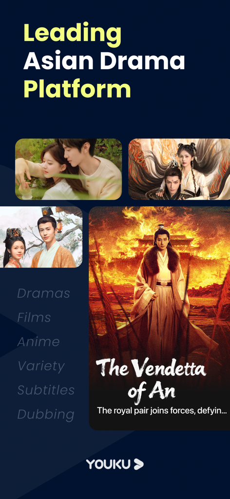 YOUKU-Drama, Film, Show, Anime - A promotional screen for the YOUKU app featuring posters for Chinese dramas and various entertainment categories.
