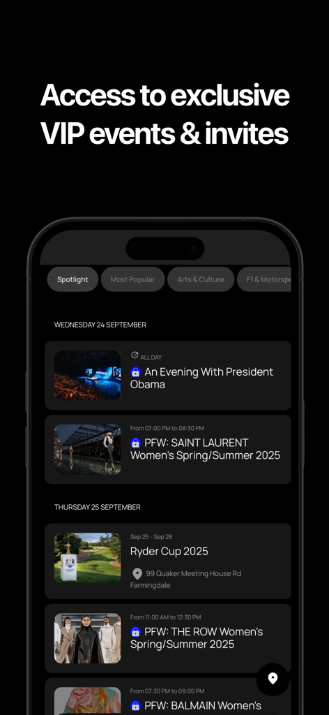 Interface do aplicativo Velloy exibindo uma lista de eventos VIP exclusivos e convites para membros privados