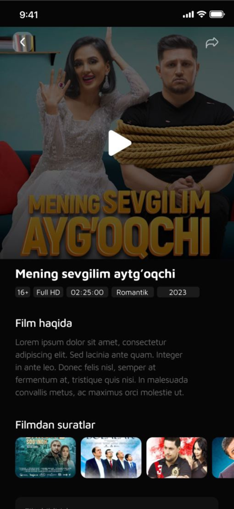 Panda Tv - Panda Tv app screen showing a movie detail page for an Uzbek romantic comedy titled Mening sevgilim ayg oqchi