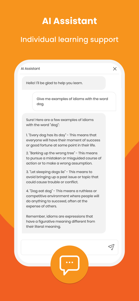 SuperMemo – effective learning - SuperMemo AI Assistant chat interface showing explanations of English idioms.