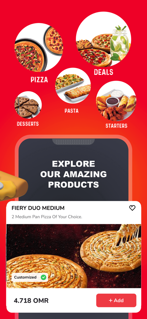 Tela do aplicativo Pizza Hut Omã exibindo categorias de alimentos como pizza e massa com uma promoção em destaque de pizza média Fiery Duo