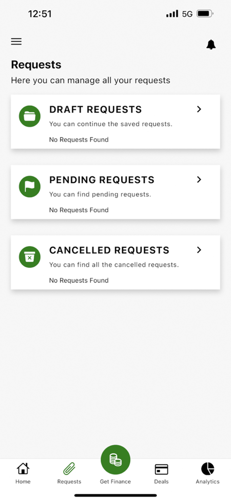 Individuals افـــــــــــراد - Interface of the Al Mulla Finance Individuals app showing request management options for draft pending and cancelled requests