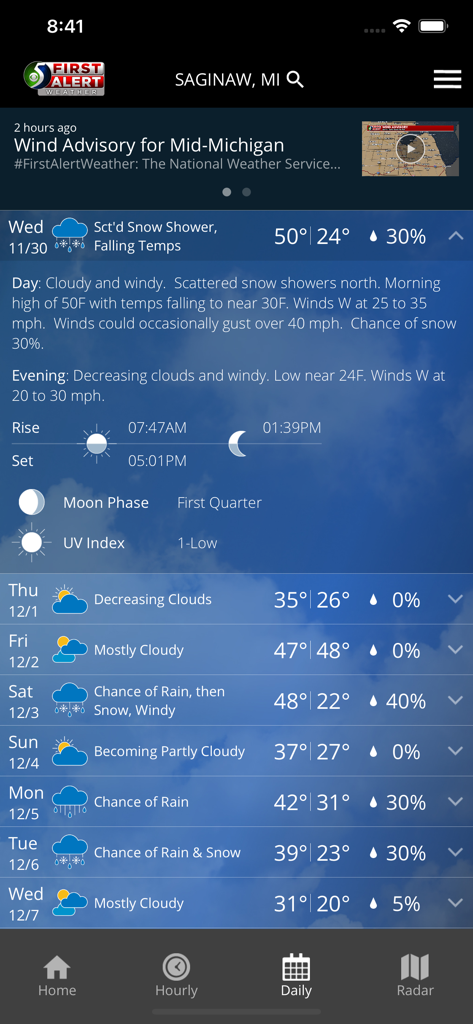 WNEM Weather - WNEM Weather app screen displaying the daily forecast for Saginaw Michigan