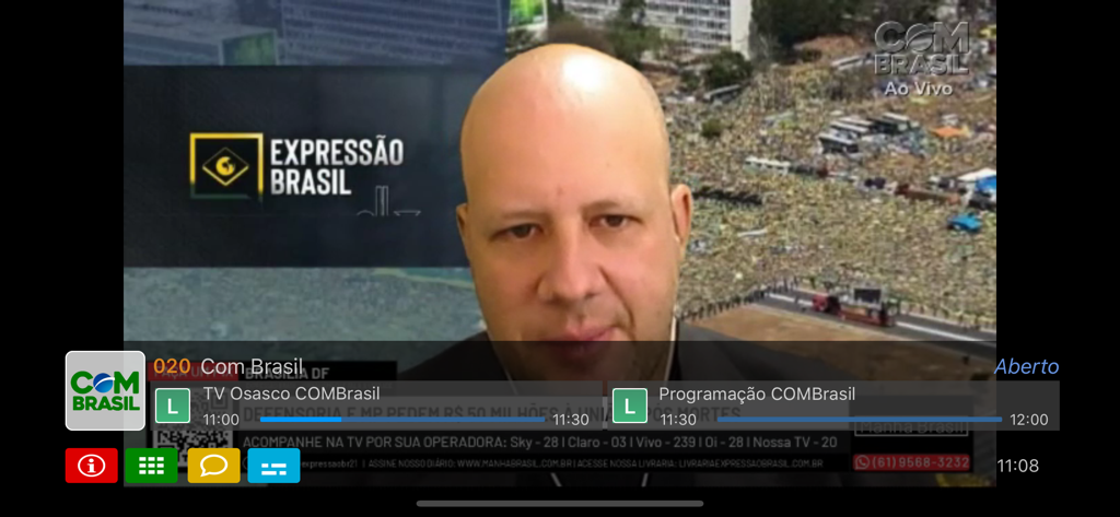 BitOn - Interfaz de la aplicación BitOn que muestra una transmisión de noticias de televisión brasileña en vivo con controles de reproducción