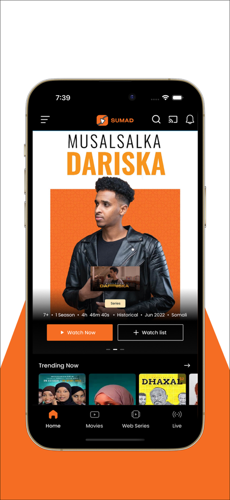 The home screen of the Sumad app displaying a featured series titled Dariska and a selection of trending movies.
