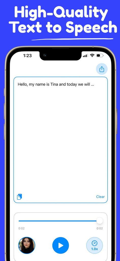 Text to Speech – TTS - Tela do iPhone mostrando a interface do aplicativo Texto para Fala TTS com controles de reprodução e um campo de entrada de texto