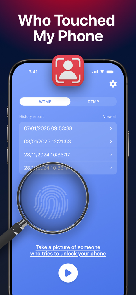 Screenshot of the WTMP app interface showing a history report of phone access and intruder detection features.