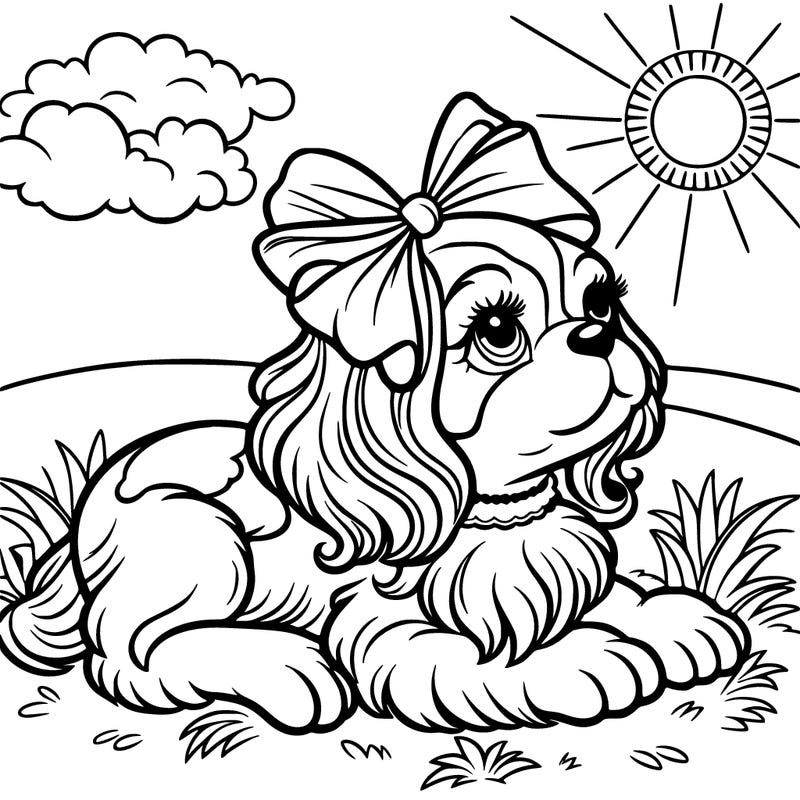 a cavalier king charles ruby puppy with a baby blue ribbon bow in hair basking in sun on a grassy knoll