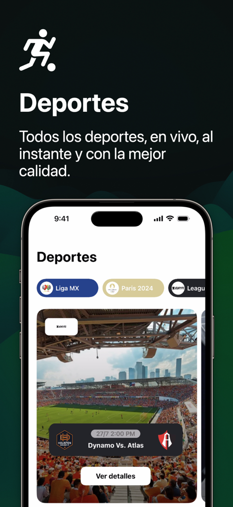 TV Mexicana - En Vivo - Interfaz de la aplicación TV Mexicana mostrando la sección de deportes en vivo con un partido de fútbol