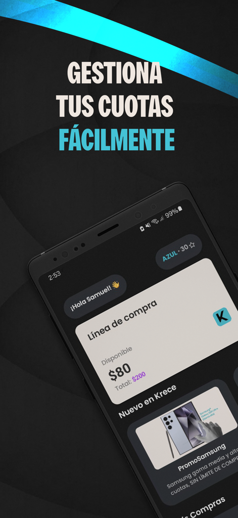 Krece - Krece App-Oberfläche auf einem Smartphone-Bildschirm, die das verfügbare Kaufguthaben und die Raten auf Spanisch zeigt.