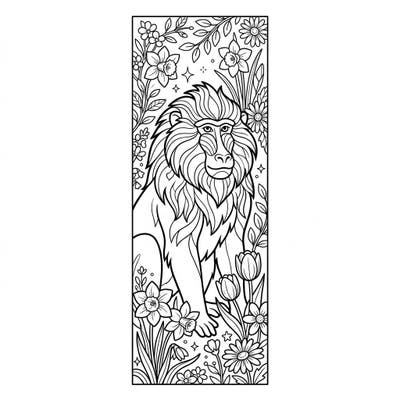 Dive into the beauty of spring with this captivating coloring page featuring a majestic baboon amidst lush floral designs. This unique vertical artwork doubles as a printable bookmark, perfect for nature enthusiasts and avid readers.