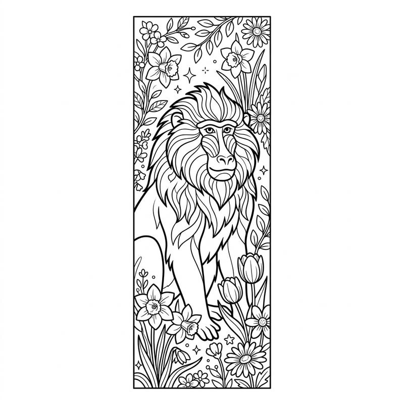 Dive into the beauty of spring with this captivating coloring page featuring a majestic baboon amidst lush floral designs. This unique vertical artwork doubles as a printable bookmark, perfect for nature enthusiasts and avid readers.