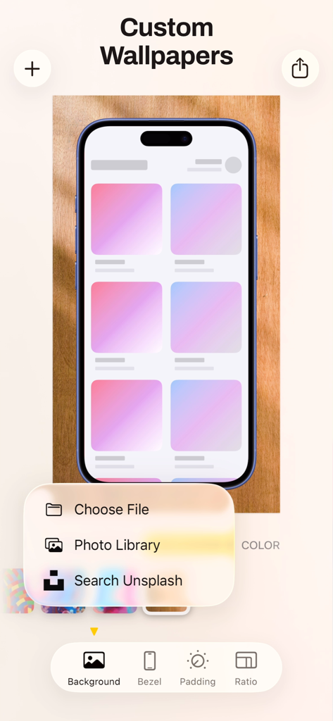Interface of Bezel app showing the custom wallpaper and background selection menu for phone screenshots