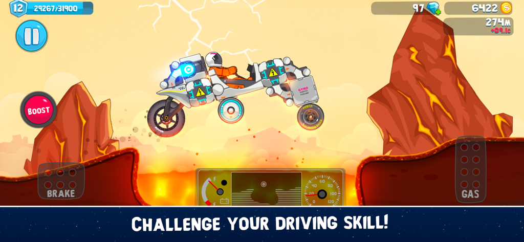 RoverCraft Space Racing - A custom-built space rover jumping over a lava pit on a volcanic planet in RoverCraft Space Racing