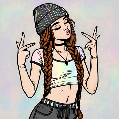 realistic teenage girl with braids and a beanie and crop top doing 🫶🏼