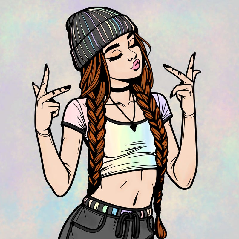 realistic teenage girl with braids and a beanie and crop top doing 🫶🏼