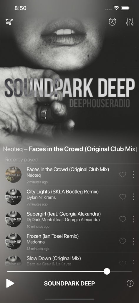 SOUNDPARK #DEEP - SOUNDPARK DEEP music app interface showing a list of recently played deep house tracks