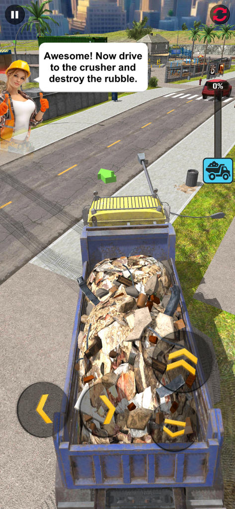 Demolition & Construction Inc. - Un camión volquete azul lleno de escombros en el juego móvil Demolition and Construction Inc.