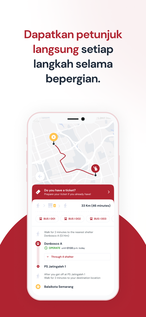 Trans Semarangアプリのナビゲーション画面、マップルートとステップバイステップの交通案内を表示