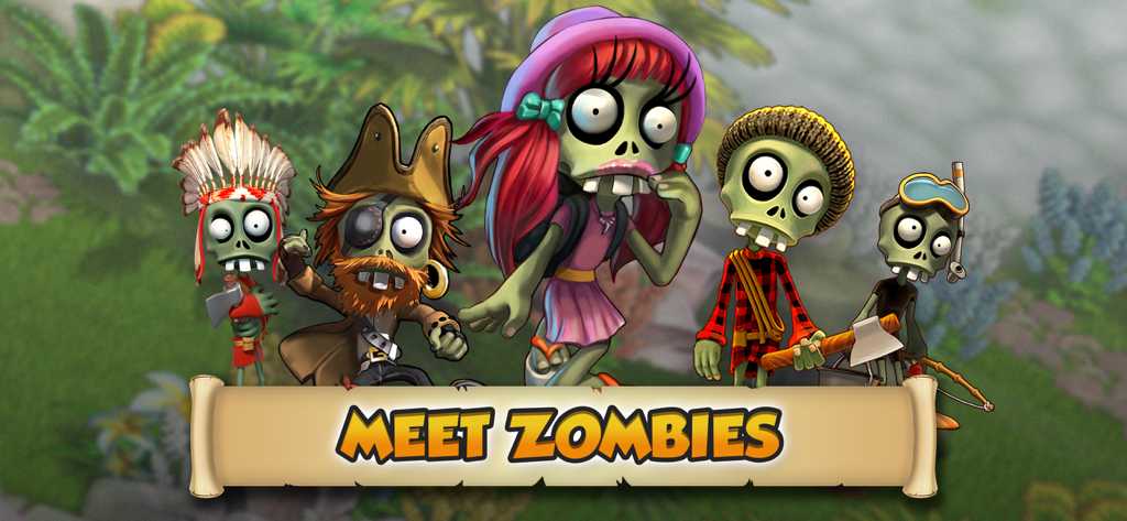 A group of diverse and friendly zombie characters from Zombie Castaways including a pirate, a lumberjack, and a female zombie.