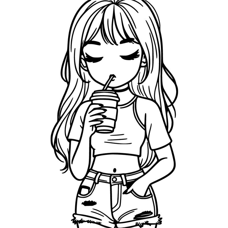girl in a crop top sipping on coffee wearing jean shorts
