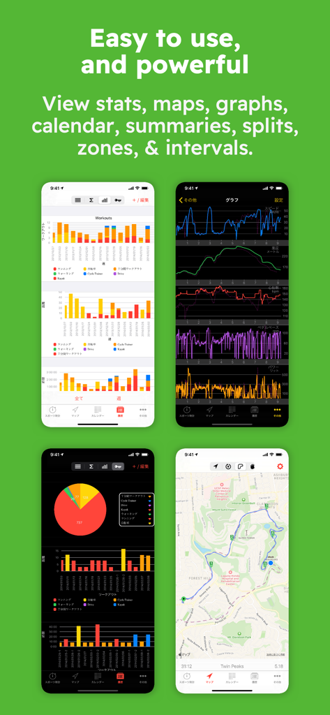 Walkmeter Walking & Hiking GPS - Screenshots of the Walkmeter app showing various fitness data visualizations including activity bar charts, performance line graphs, and GPS route tracking on a map.