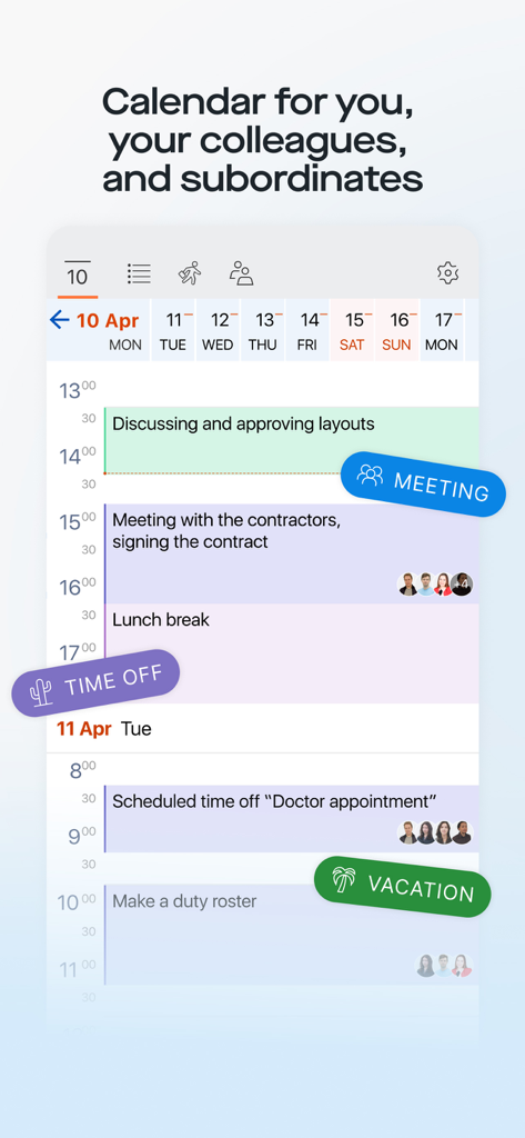 Saby - Saby app work calendar interface showing shared team schedules, meetings, and time off