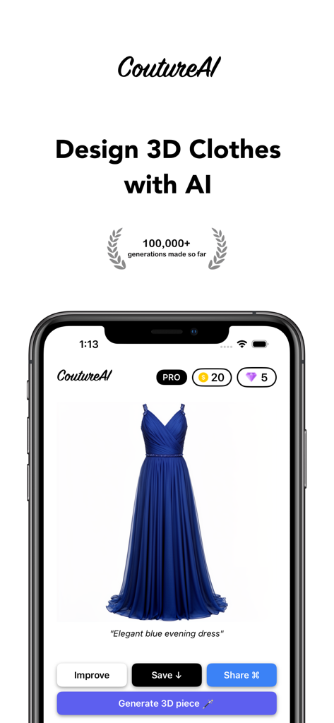 AI Outfit Generator Stylix - CoutureAI mobile interface designing a 3D blue evening dress with AI