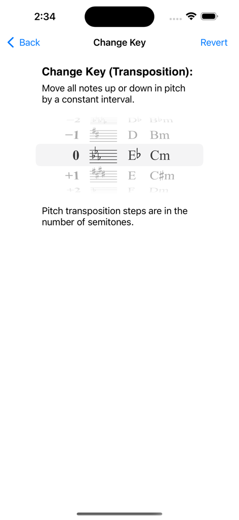 Singscope app screen showing music transposition settings to change the key in semitones