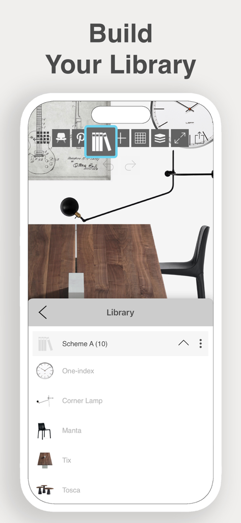 Morpholio Board - Moodboard - Morpholio Board app interface showing the Build Your Library feature with a list of interior design items like furniture and decor.