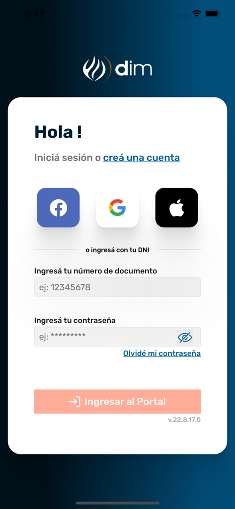DIM SALUD Turnos y Resultados - Schermata di accesso per l'app DIM SALUD con pulsanti di accesso tramite social media e campi per l'inserimento del documento d'identità.