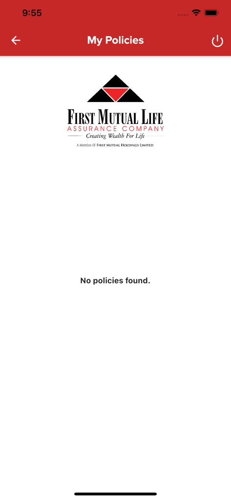 La pantalla Mis Pólizas de la aplicación First Mutual Holdings que muestra un mensaje de que no se encontraron pólizas.