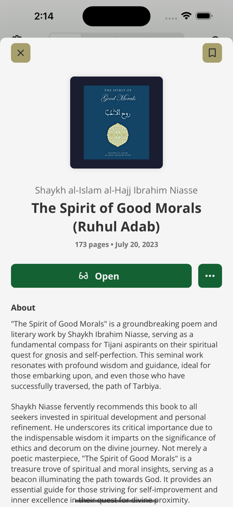 Página de detalles del libro El Espíritu de las Buenas Costumbres de Shaykh Ibrahim Niasse en la aplicación Fayda Digital