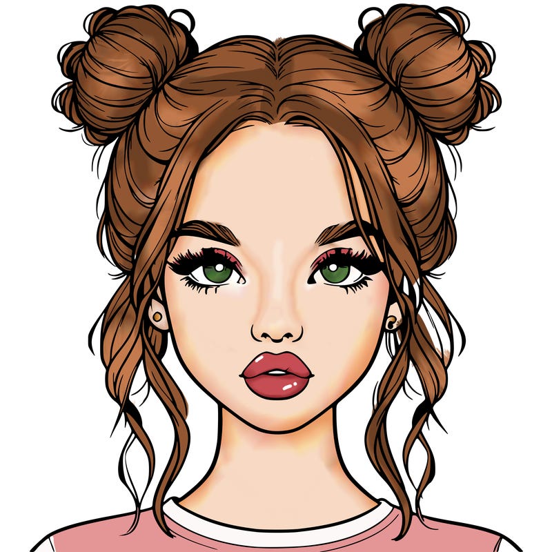 realistic girl with two buns in hair and lips
