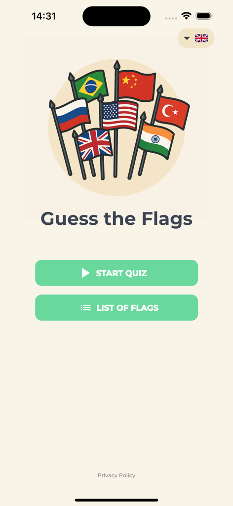 Guess the Flags - of the World - Tela principal do aplicativo Adivinhe as Bandeiras com bandeiras mundiais e um botão Iniciar Quiz