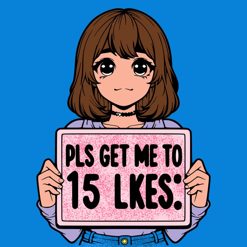 realistic girl holding up a sign that says “pls get me to 15 likes!”