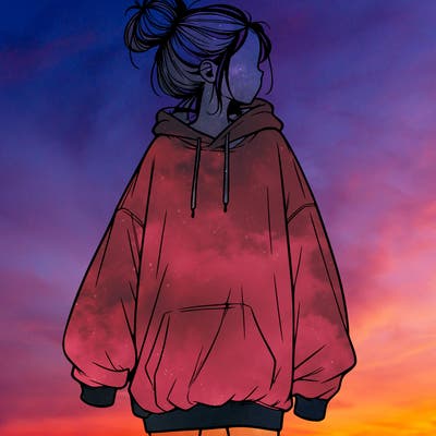 realistic girl with a oversized sweatshirt on and a bun