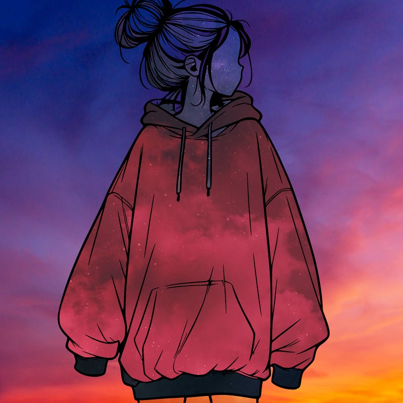 realistic girl with a oversized sweatshirt on and a bun