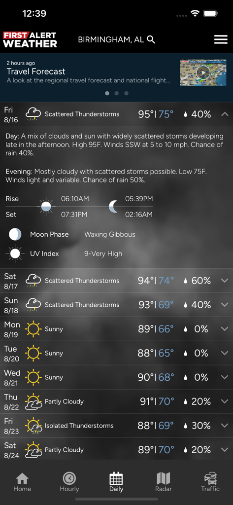 WBRC First Alert Weather app daily forecast for Birmingham Alabama