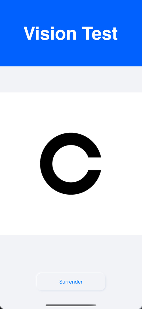 Eye Recovery Training - A vision test screen in the Eye Recovery Training app showing a Landolt C symbol for eyesight measurement