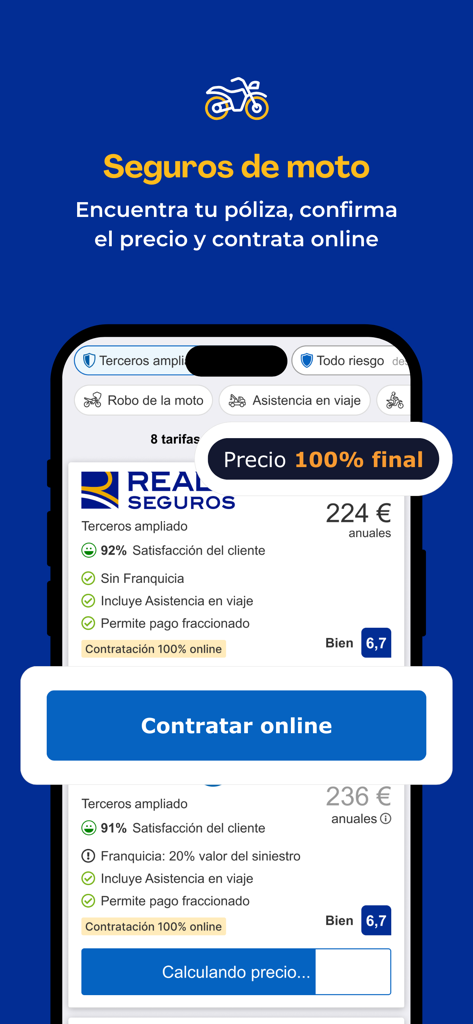 Interfaz de la app móvil CHECK24 España que muestra comparaciones de precios de seguros de moto y opciones de reserva en línea